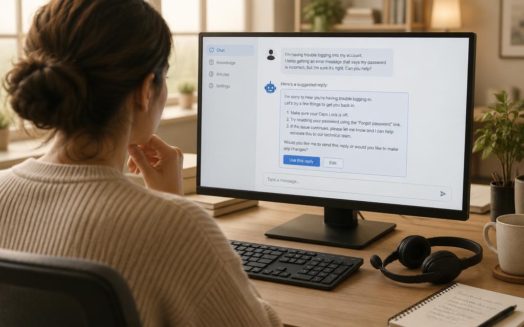 Support specialist reviewing an AI suggested reply on screen before sending