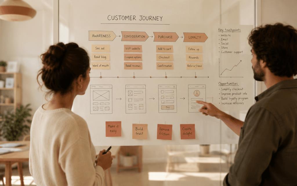 Designers mapping a customer journey with sticky notes on a glass wall